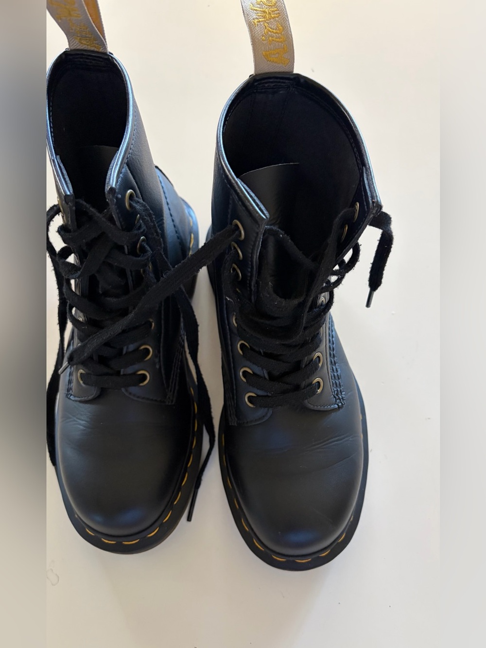 Dr. Martens Black Leather Lace-Up Combat Boots with Yellow Stitching